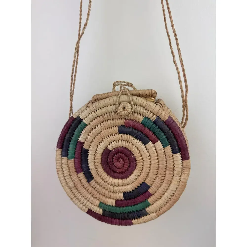 OOAK Tan Handbag Straw Hand Woven Circle Double Handle Strap Crossbody Bag